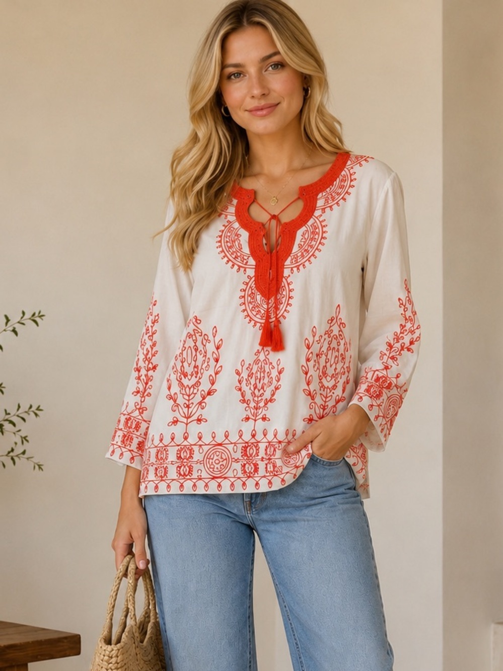 Charter Club Cream Peasant Top with Orange Embroidery